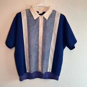 VTG 80s Button Top Size M Colorblock Delft Blue White Polka Dot Short Sleeve USA